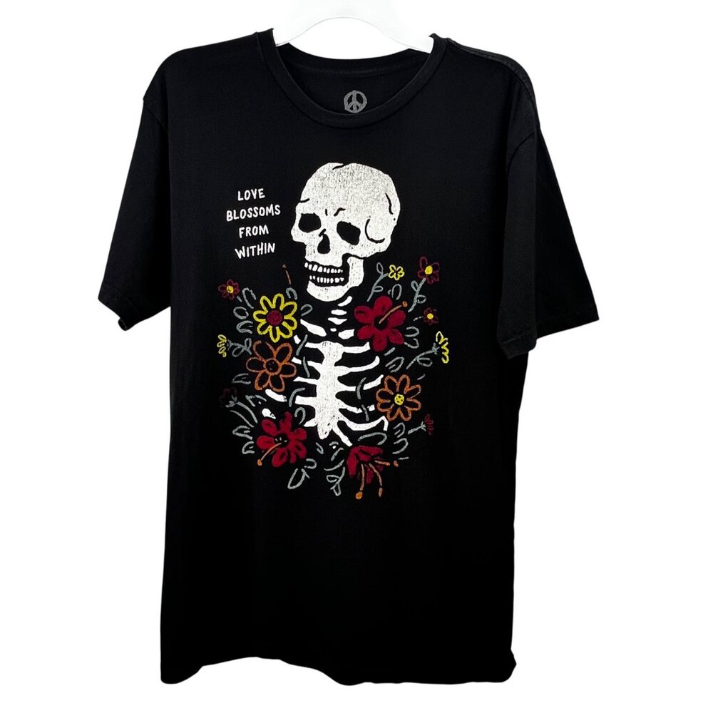 Peace of Mind Skeleton T Shirt L Love Blossoms Black Floral Short Sleeve